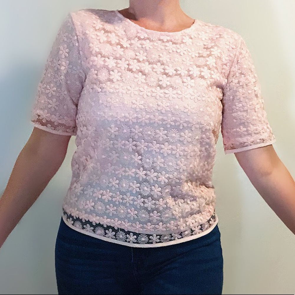 Out of Gas pink sheer floral embroidered lines top